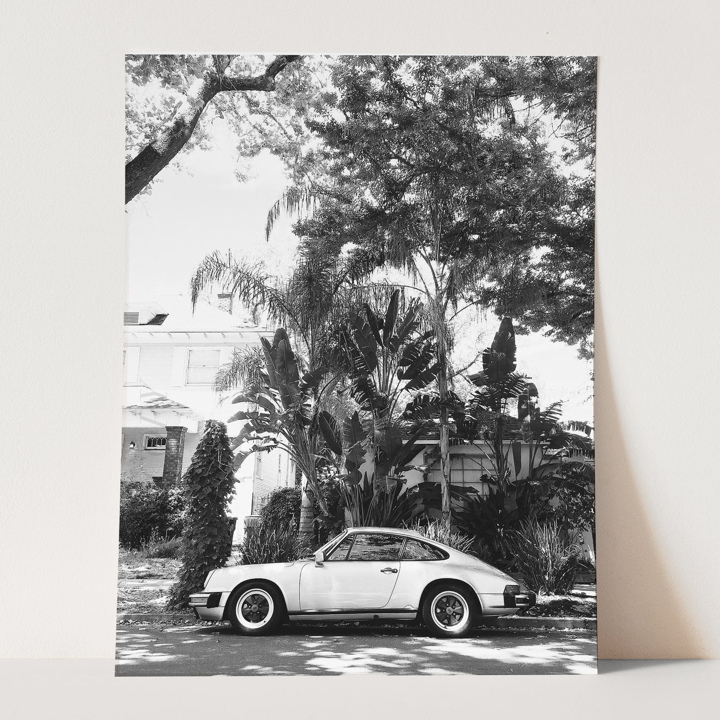 Vintage Porsche 911 Under Palm Trees in Black & White