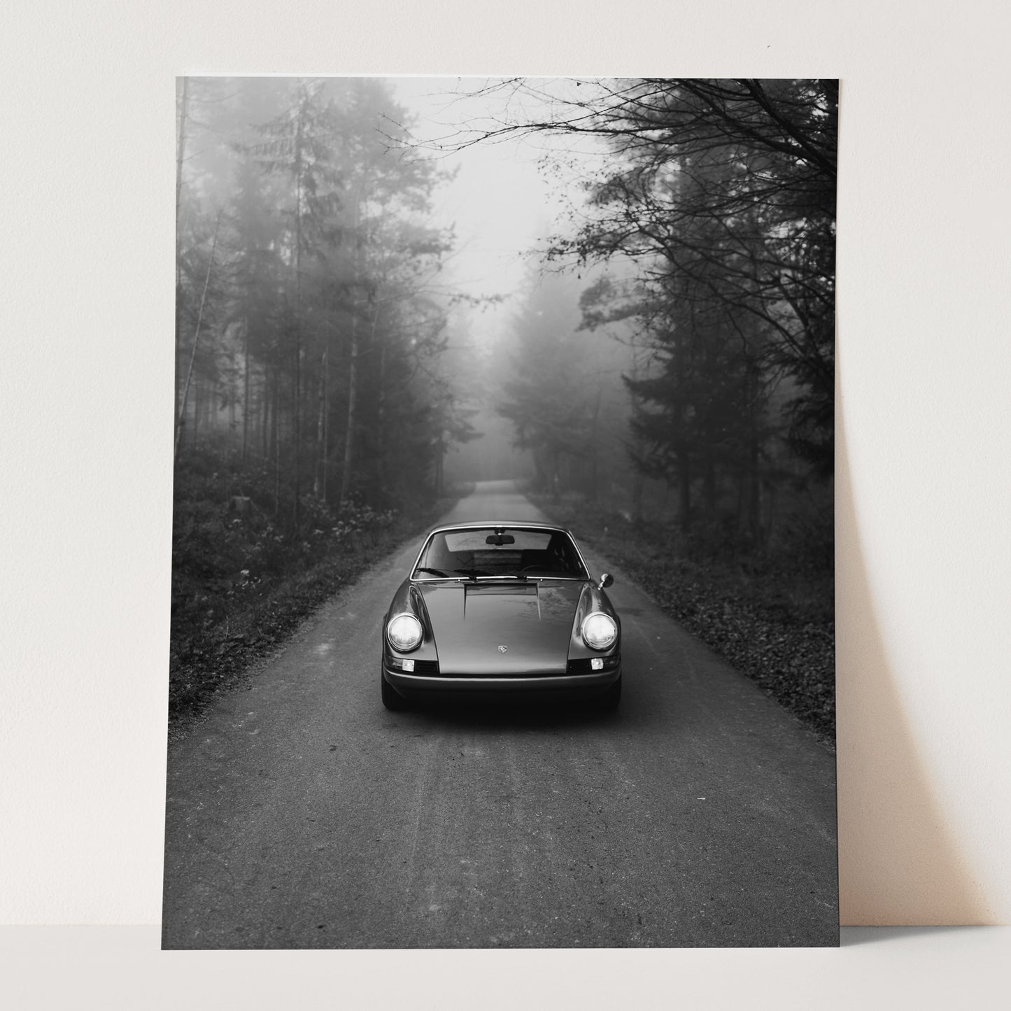 Vintage Blue Porsche in the Mist in Black & White