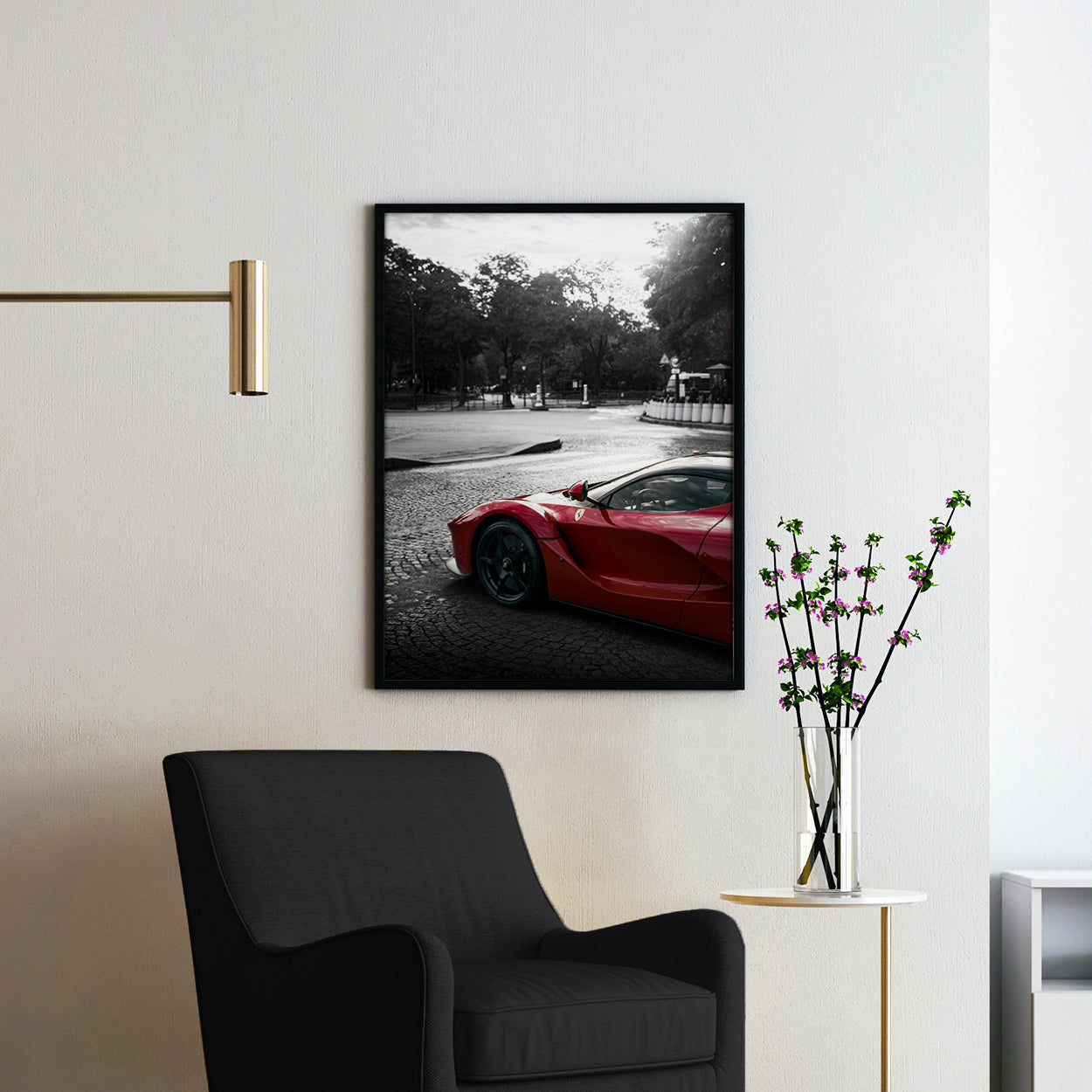 Red Ferrari on a Black & White Street
