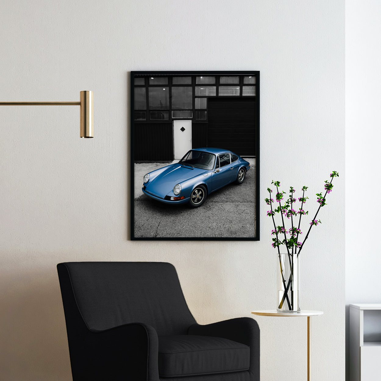 Old Blue Porsche 911 on Black & White