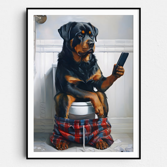 Rottweiler On The Phone On The Toilet