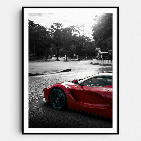 Red Ferrari on a Black & White Street
