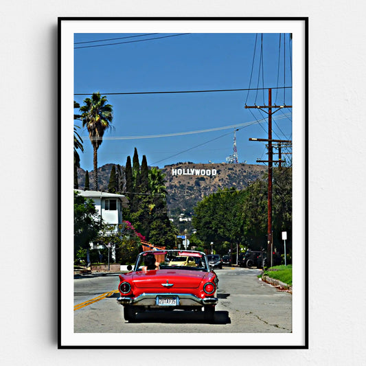 Red Convertible with Hollywood Sign