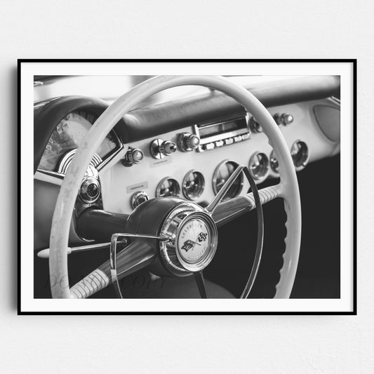Classic Chevrolet Corvette Interior Dashboard in Black & White