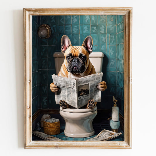 French Bulldog Reading a Newspaper on the Toilet
