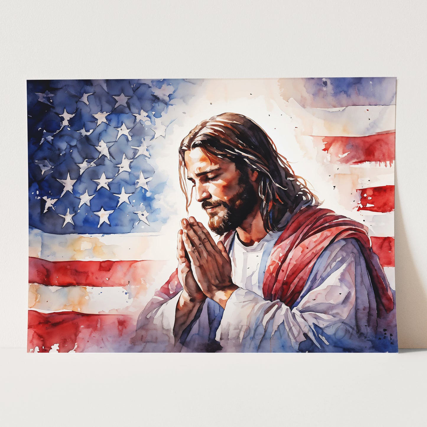In God We Trust - Jesus Praying With American Flag