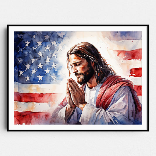 In God We Trust - Jesus Praying With American Flag