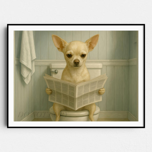 Chihuahua Dog Reading The Newspaper On The Toilet II