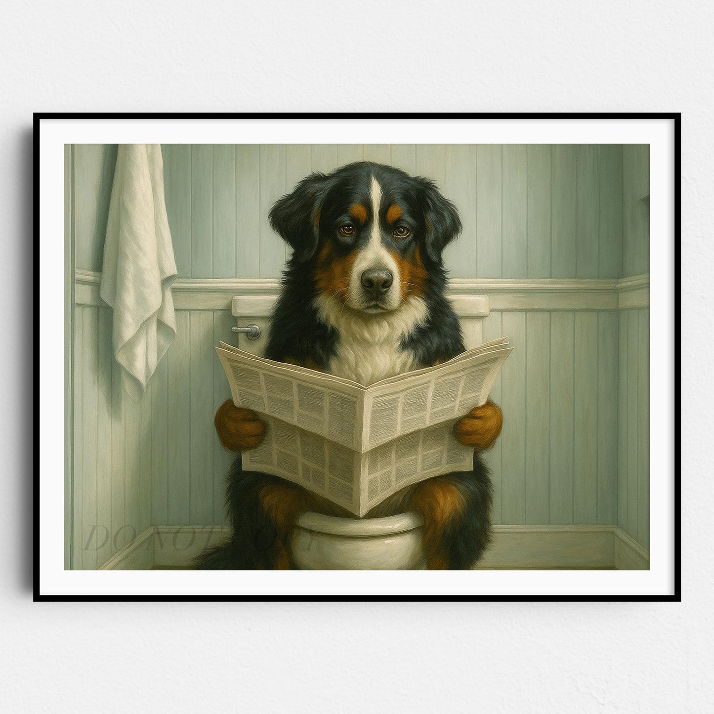 Bernese Mountain Dog Reading The Newspaper On The Toilet