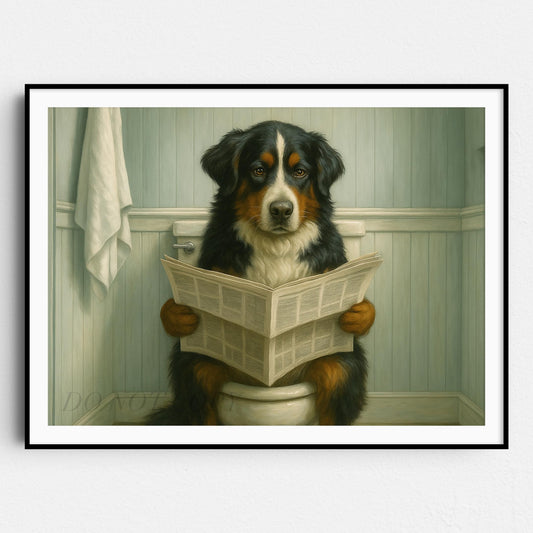 Bernese Mountain Dog Reading The Newspaper On The Toilet