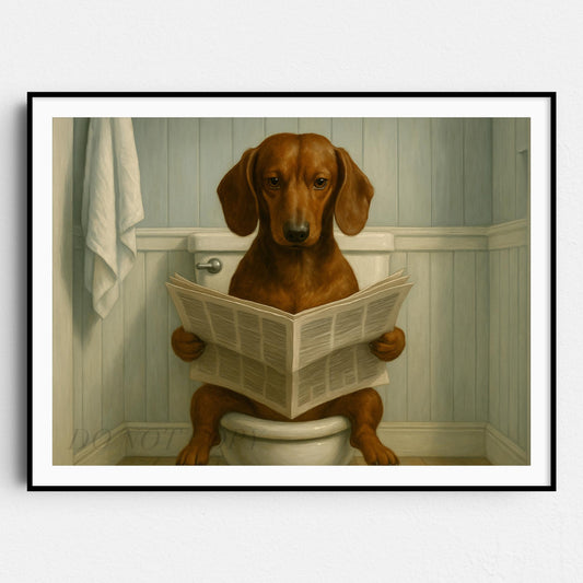 Dachshund Dog Reading The Newspaper On The Toilet