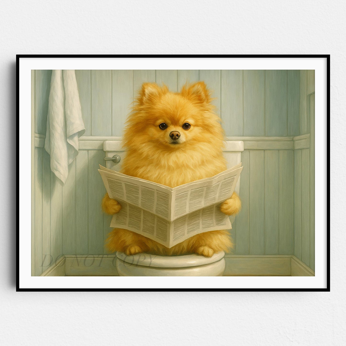 Pomeranian Dog Reading The Newspaper On The Toilet