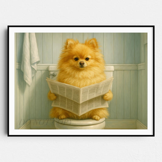 Pomeranian Dog Reading The Newspaper On The Toilet