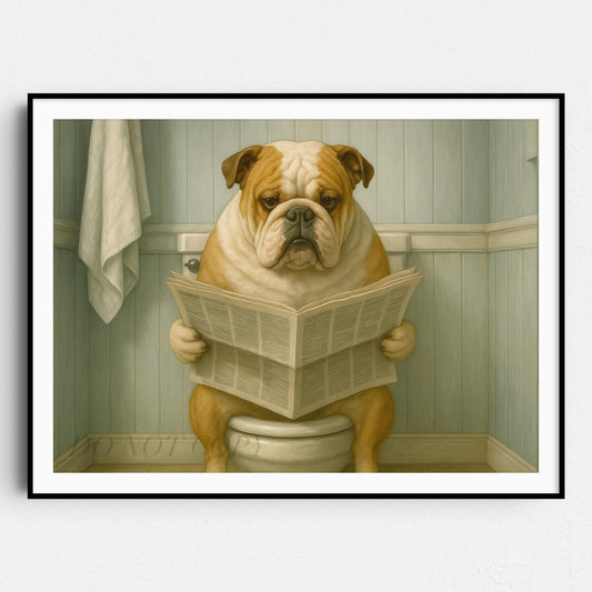 Bulldog Reading The Newspaper On The Toilet