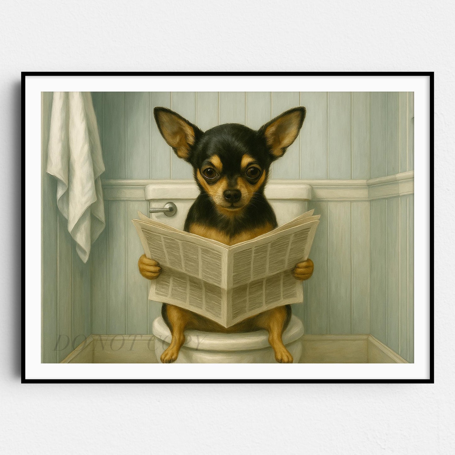 Chihuahua Dog Reading The Newspaper On The Toilet