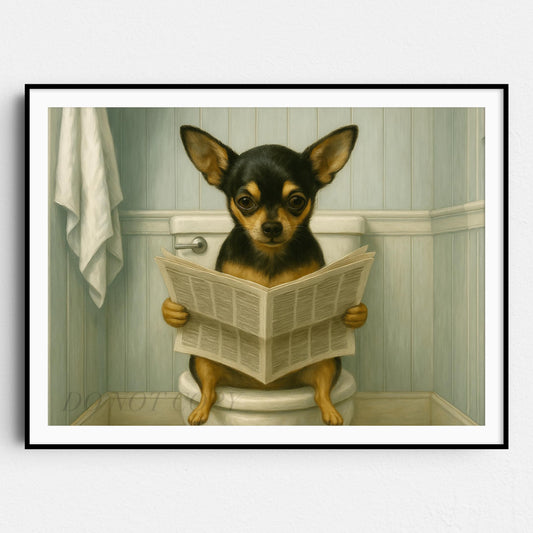 Chihuahua Dog Reading The Newspaper On The Toilet