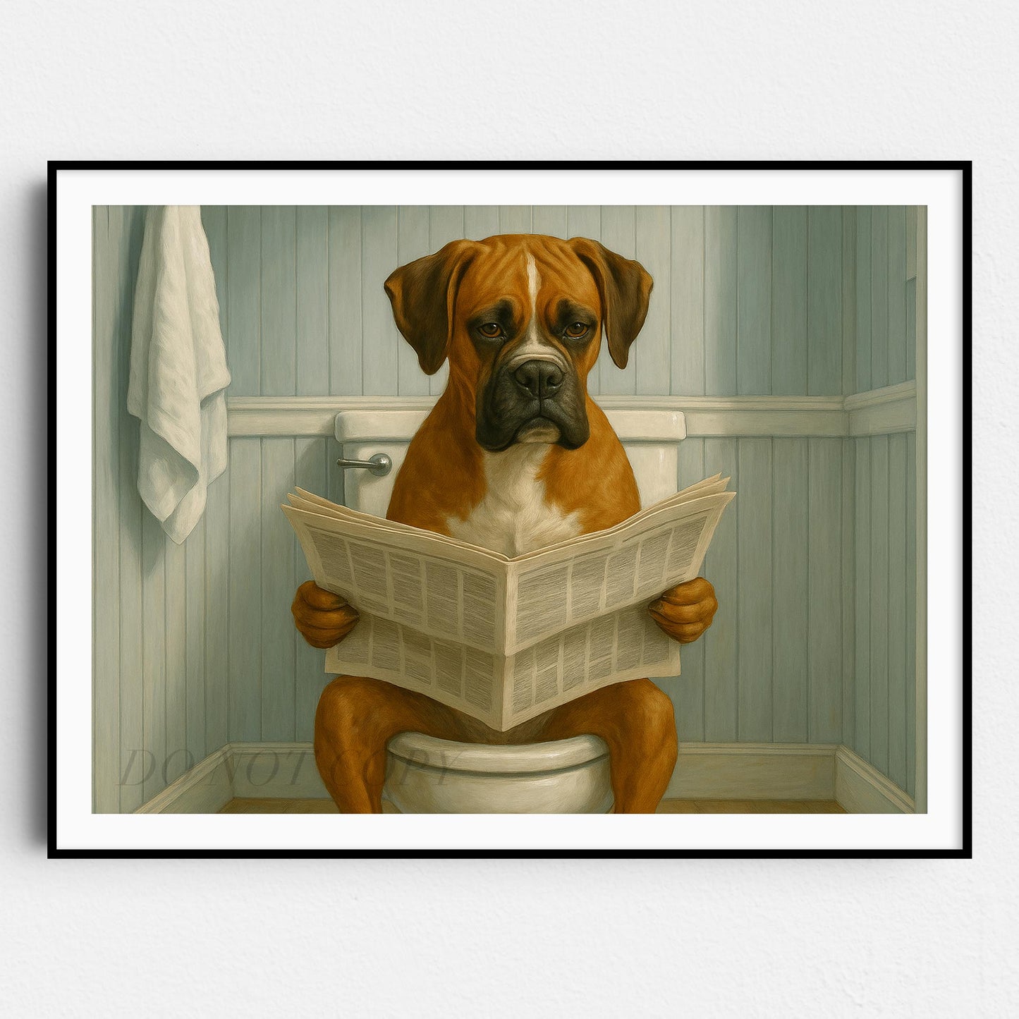 Boxer Dog Reading The Newspaper On The Toilet