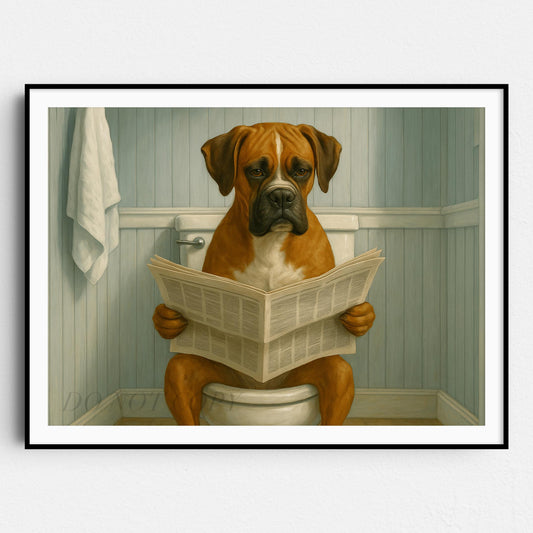Boxer Dog Reading The Newspaper On The Toilet
