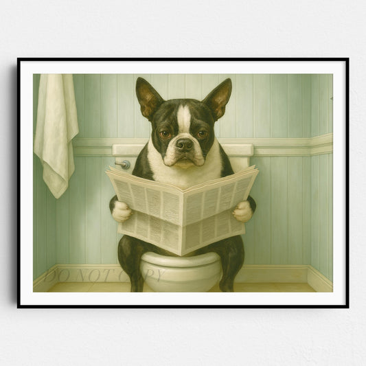 French Bulldog Reading The Newspaper On The Toilet