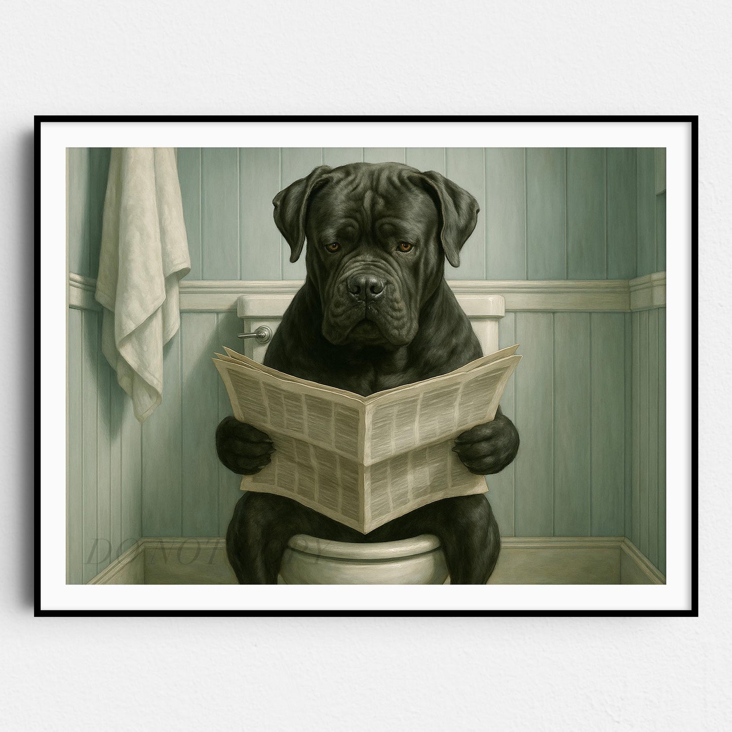 Cane Corso Dog Reading The Newspaper On The Toilet
