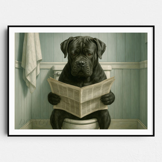 Cane Corso Dog Reading The Newspaper On The Toilet