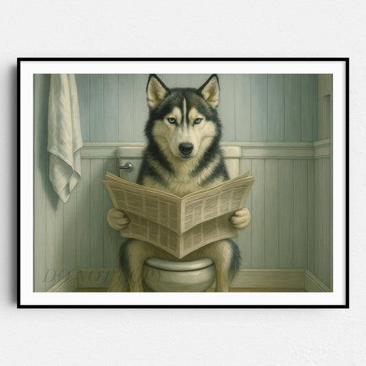 Husky Dog On The Toilet Reading The Newspaper