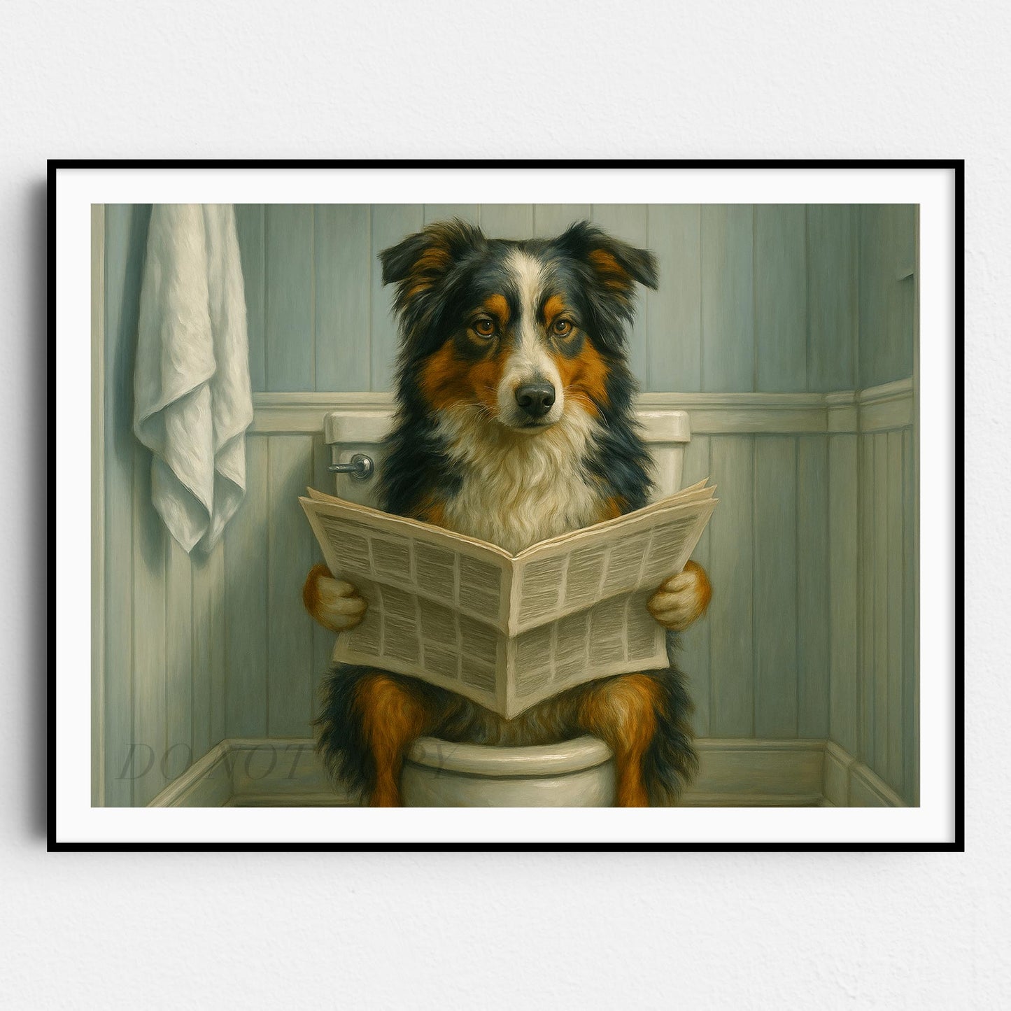 Australian Shepherd Dog On The Toilet Reading The Newspaper