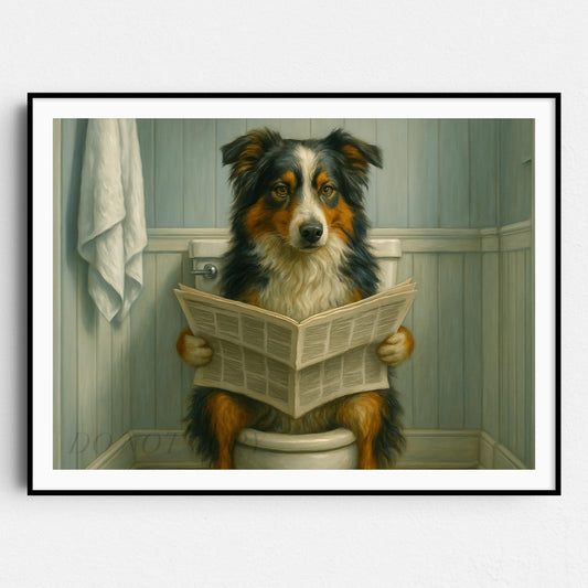Australian Shepherd Dog On The Toilet Reading The Newspaper