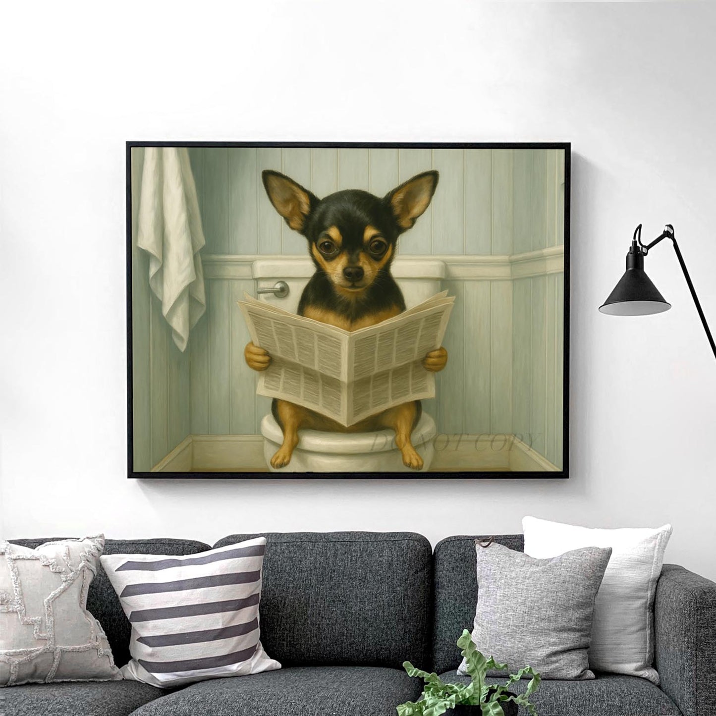 Chihuahua Dog Reading The Newspaper On The Toilet