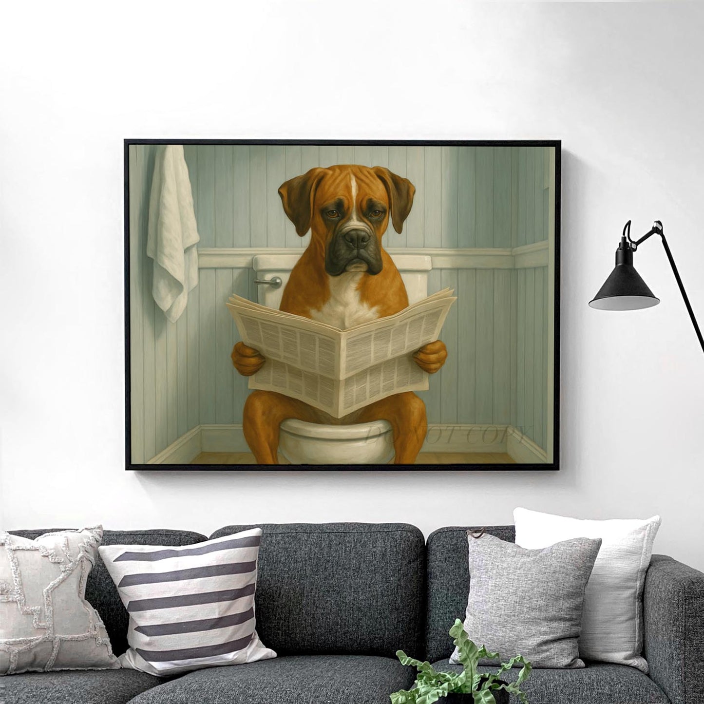 Boxer Dog Reading The Newspaper On The Toilet
