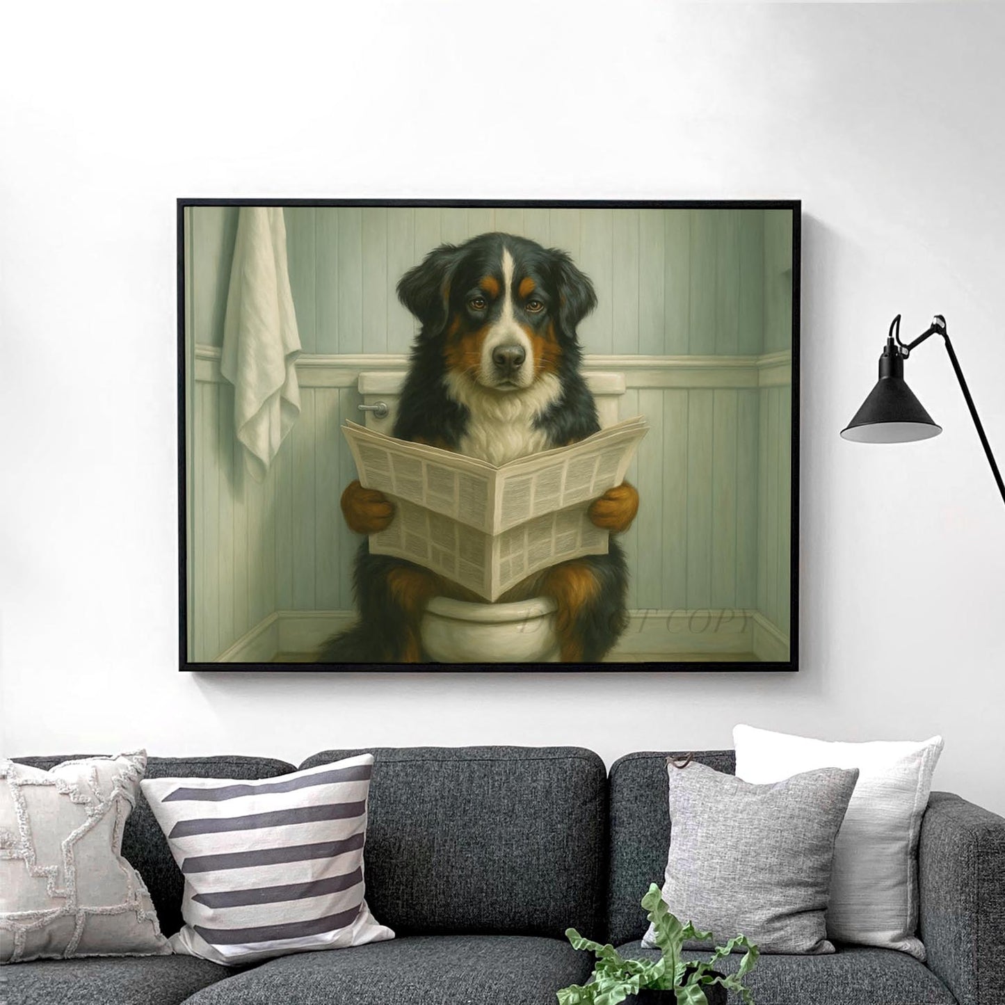 Bernese Mountain Dog Reading The Newspaper On The Toilet