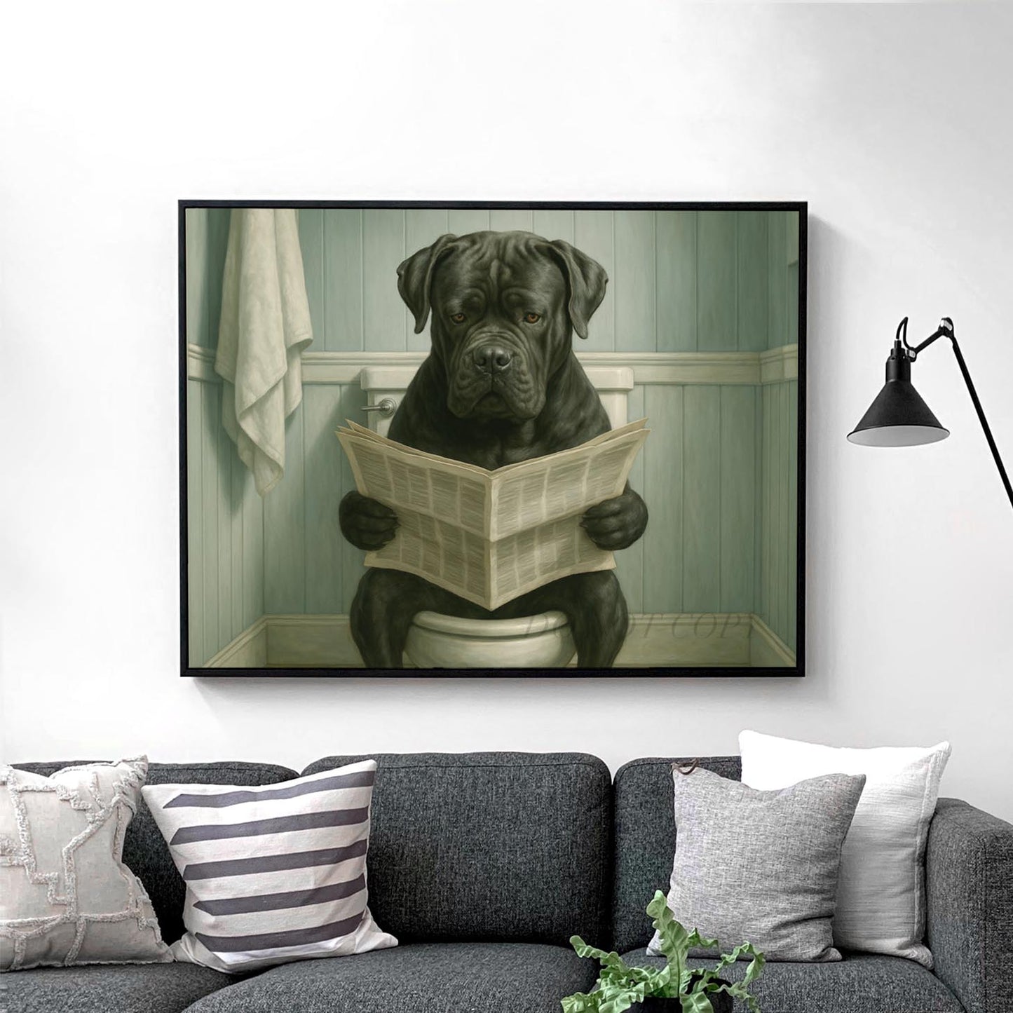 Cane Corso Dog Reading The Newspaper On The Toilet