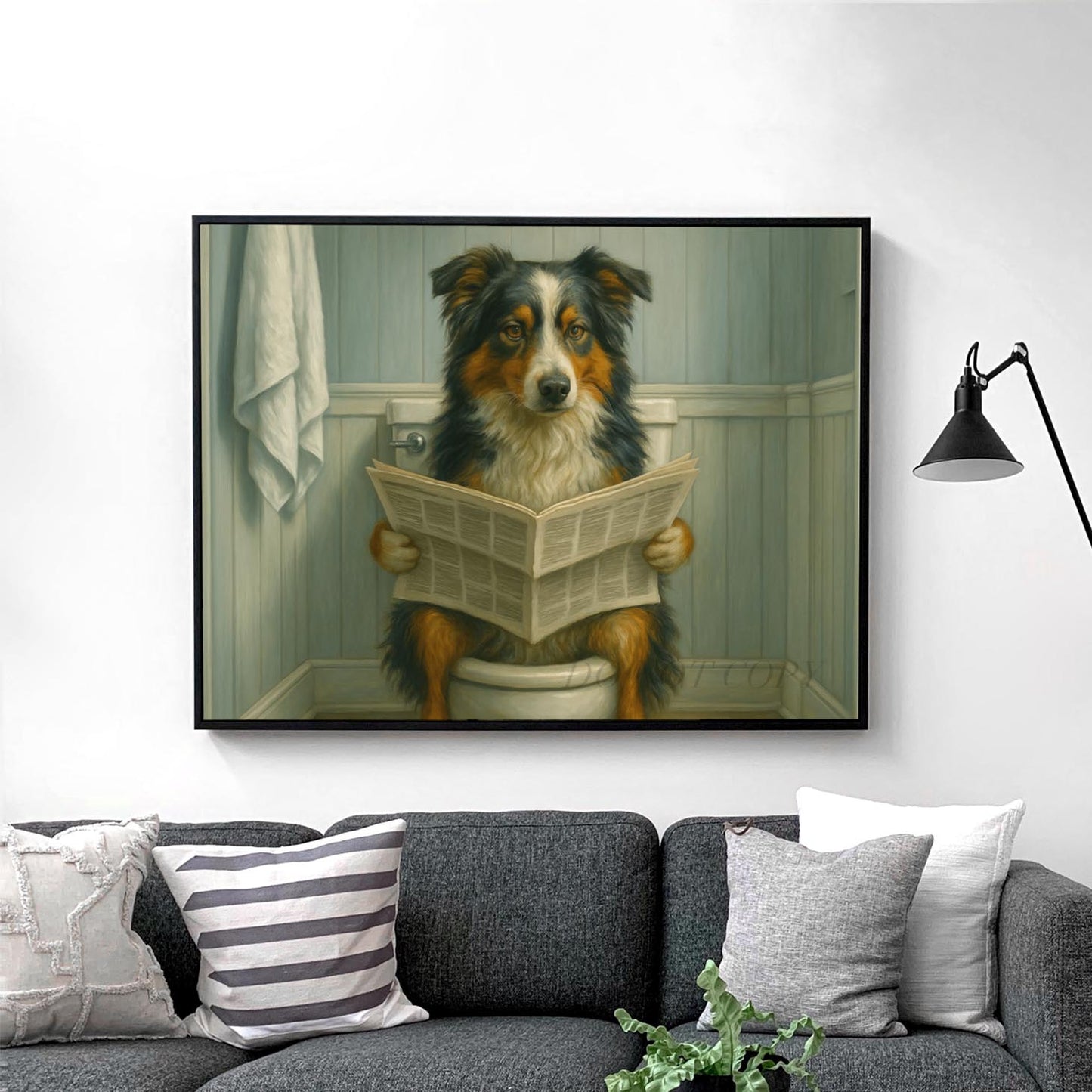 Australian Shepherd Dog On The Toilet Reading The Newspaper