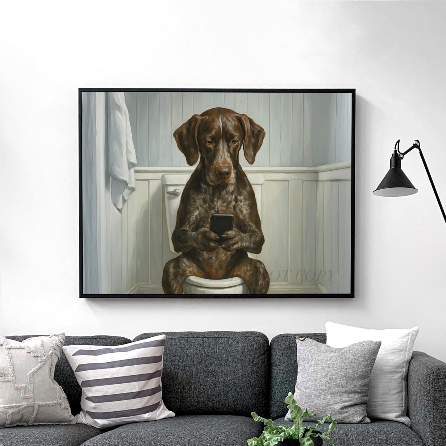 German Shorthaired Pointer Dog On The Phone On The Toilet
