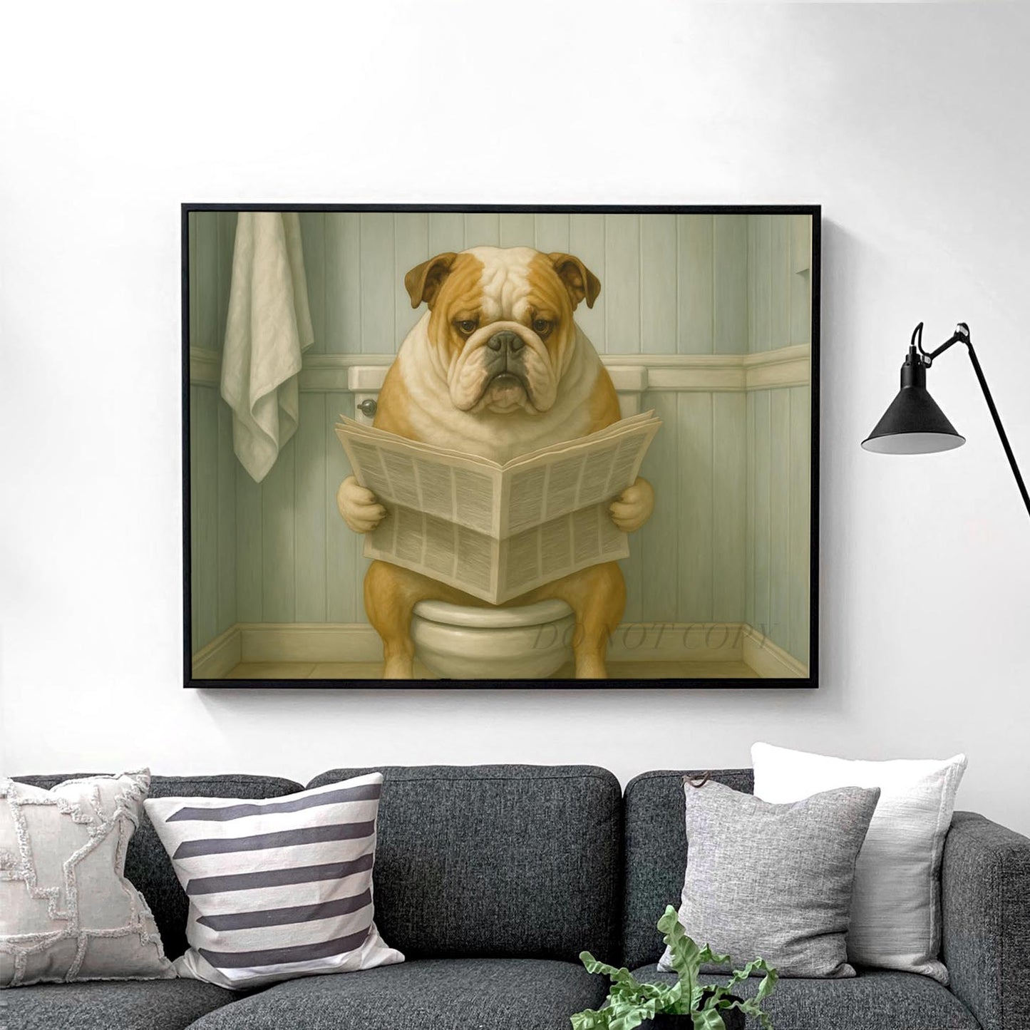 Bulldog Reading The Newspaper On The Toilet