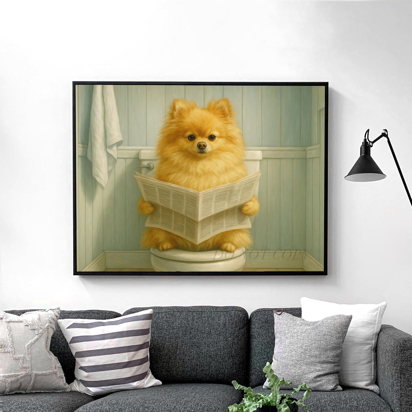 Pomeranian Dog Reading The Newspaper On The Toilet