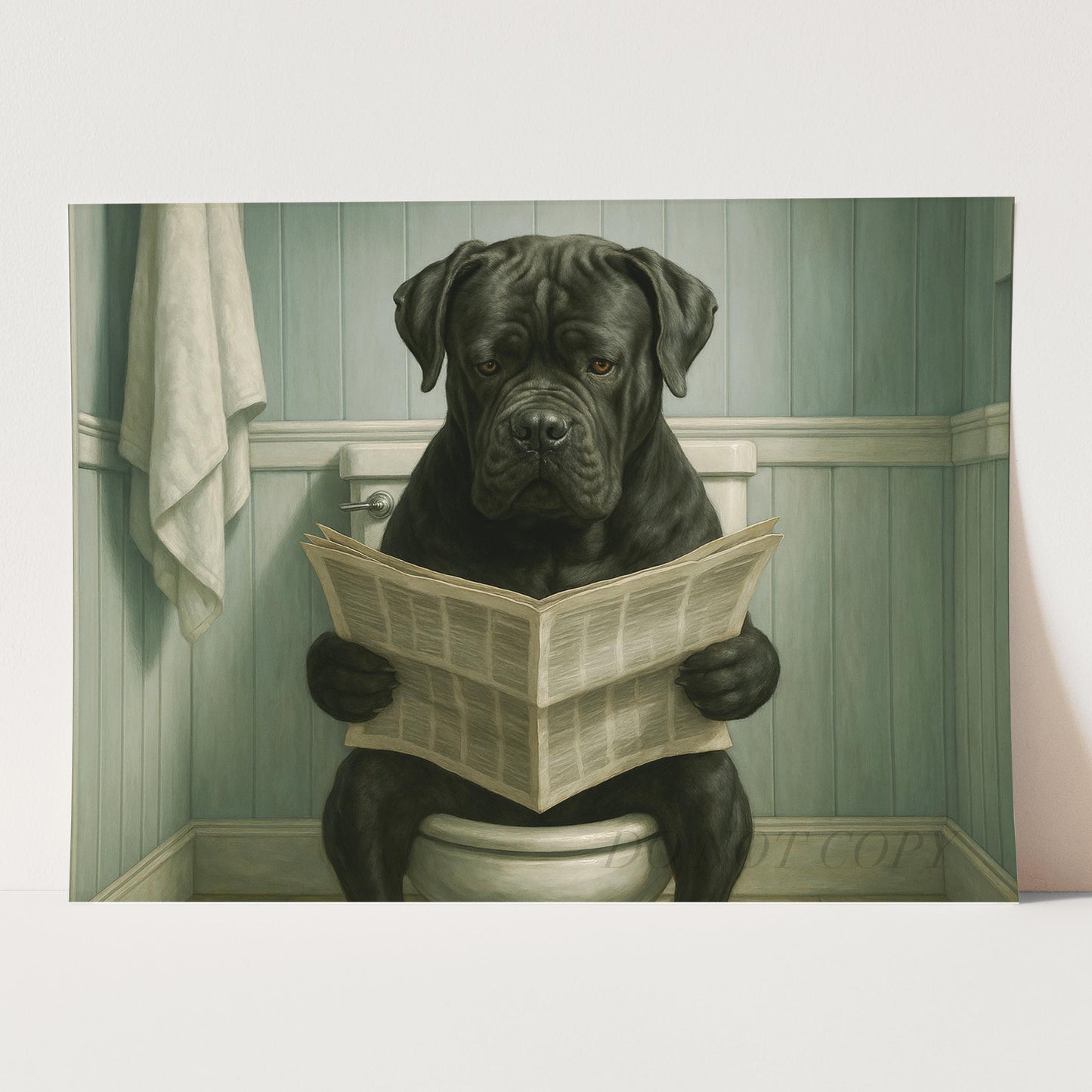 Cane Corso Dog Reading The Newspaper On The Toilet