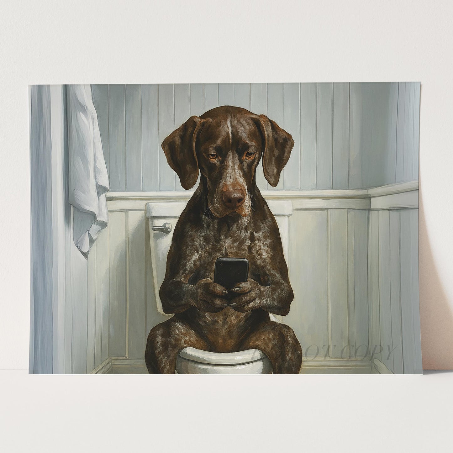 German Shorthaired Pointer Dog On The Phone On The Toilet