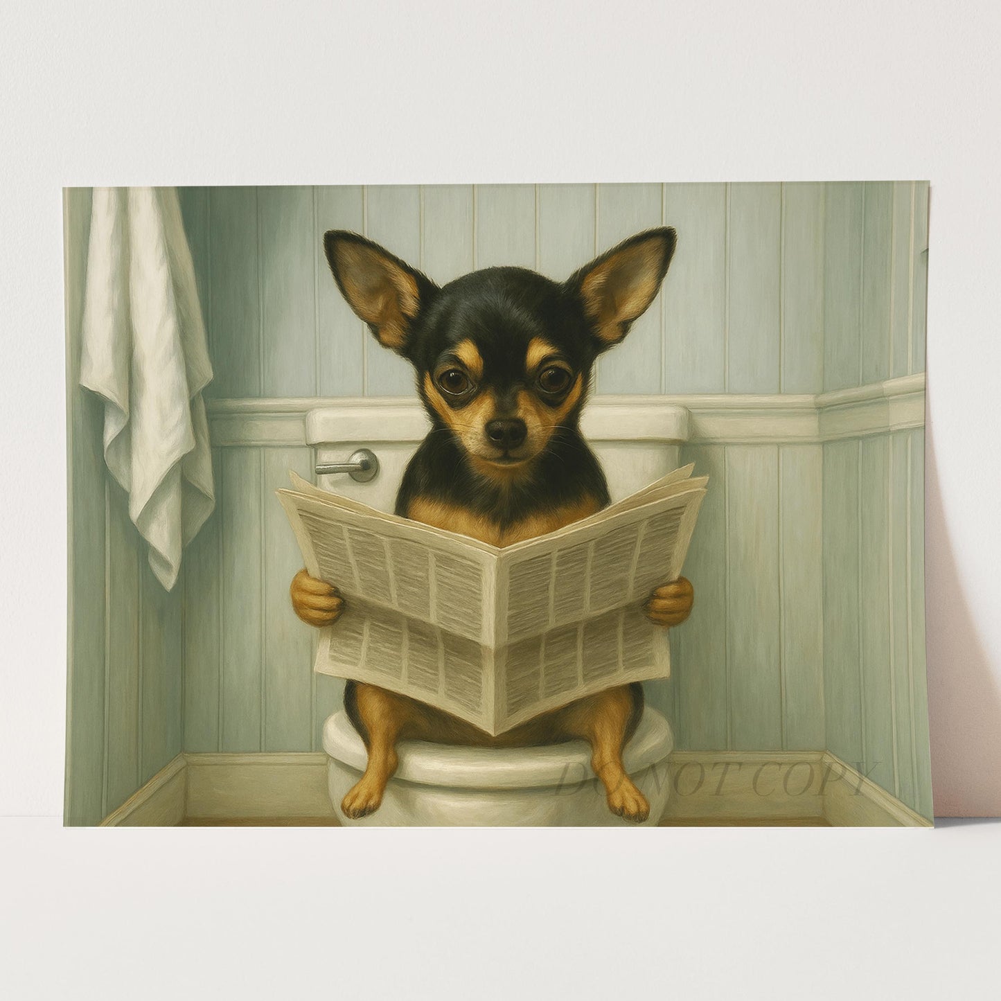 Chihuahua Dog Reading The Newspaper On The Toilet