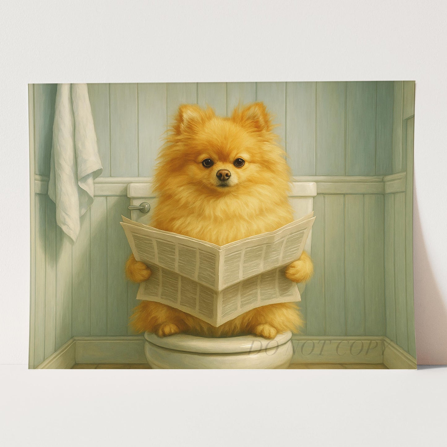 Pomeranian Dog Reading The Newspaper On The Toilet