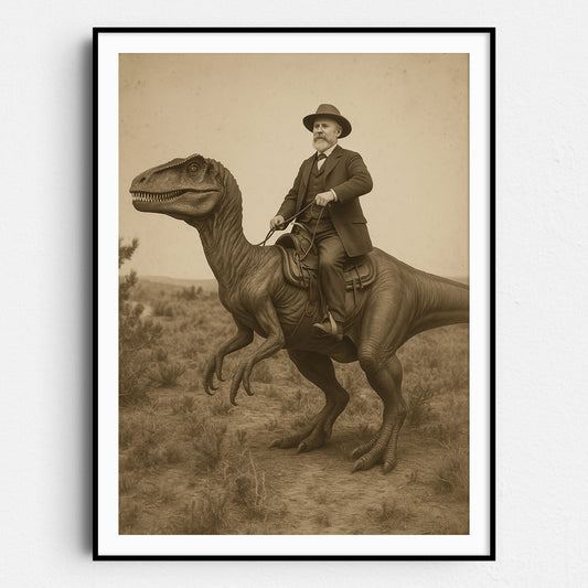 Vintage Photo Of Cowboy Riding Dinosaur
