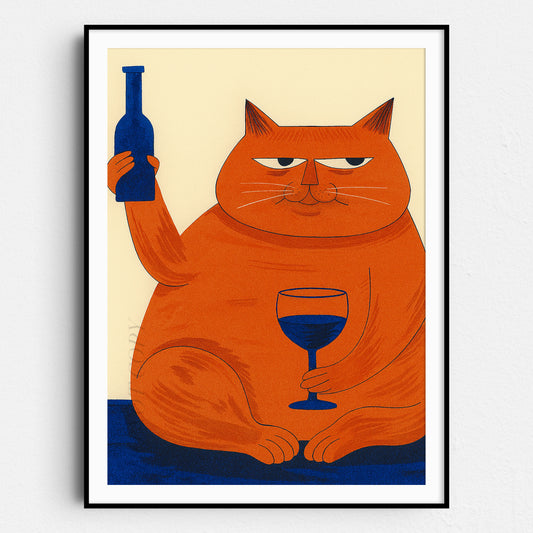 Cat Drinking Wine Mid Century Modern