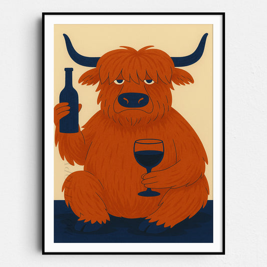 Highland Cow Drinking Wine Mid Century Modern