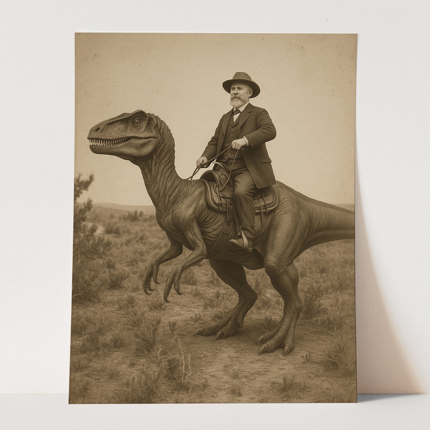 Vintage Photo Of Cowboy Riding Dinosaur