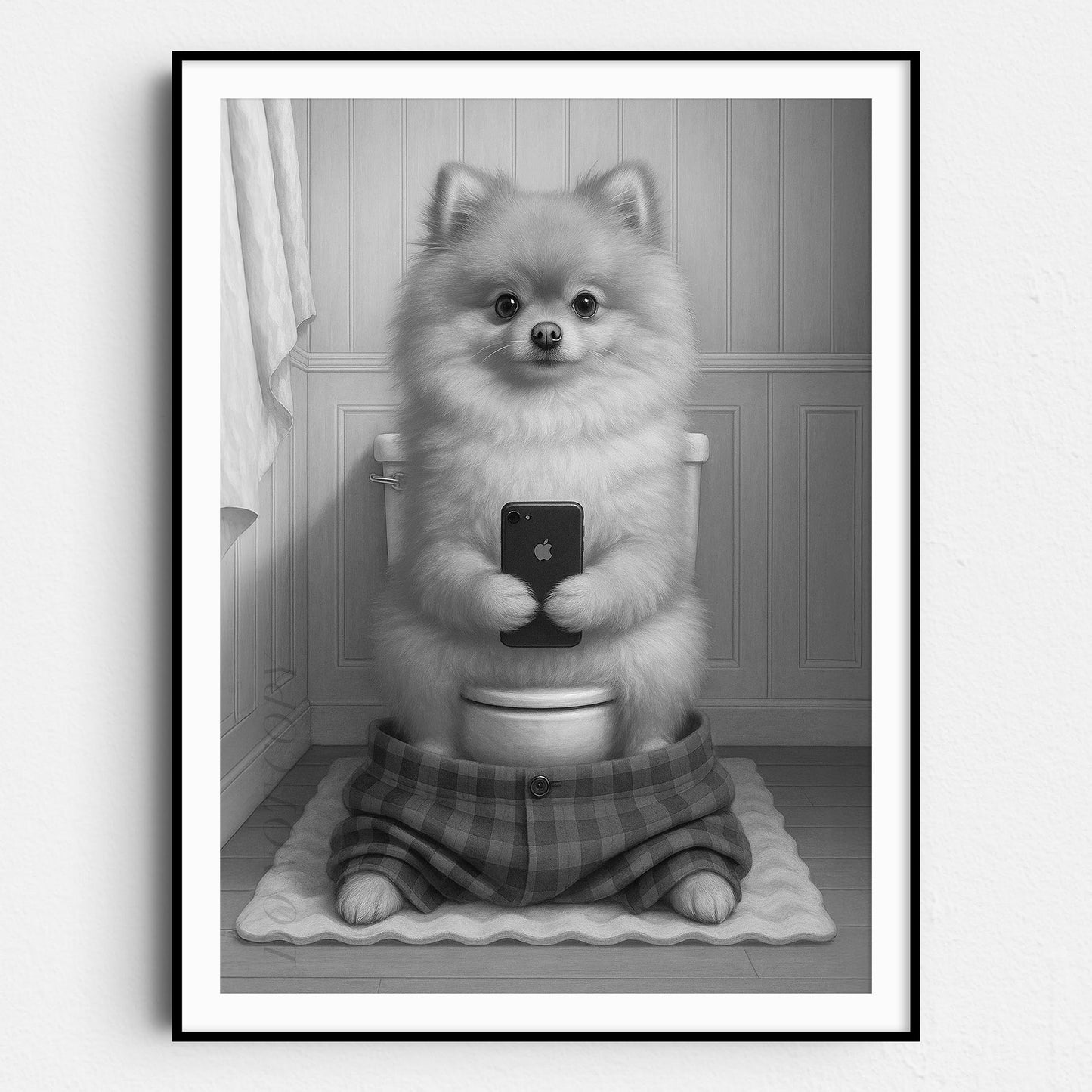 Pomeranian Dog On The Phone On The Toilet