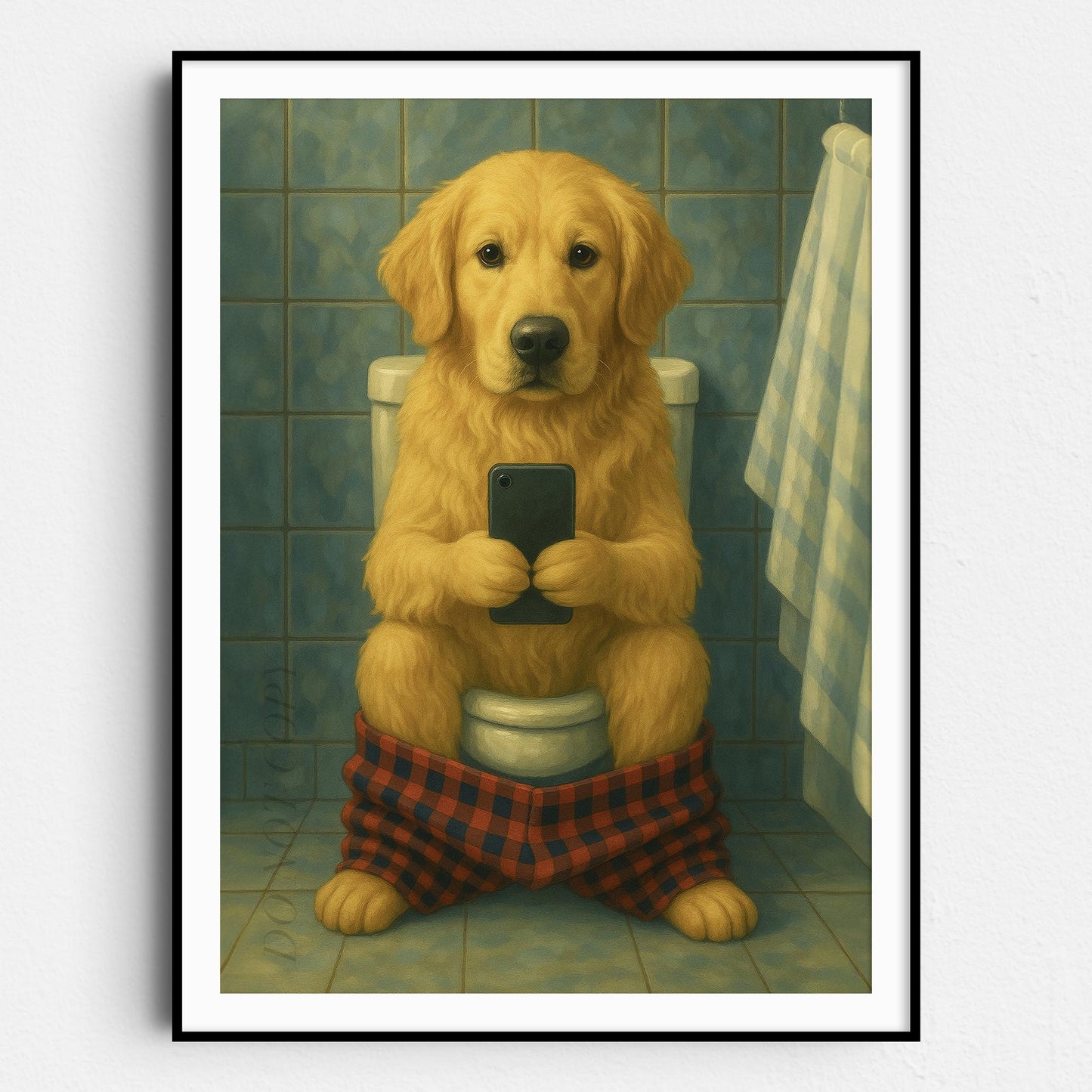 Golden Retriever Dog On The Phone On The Toilet