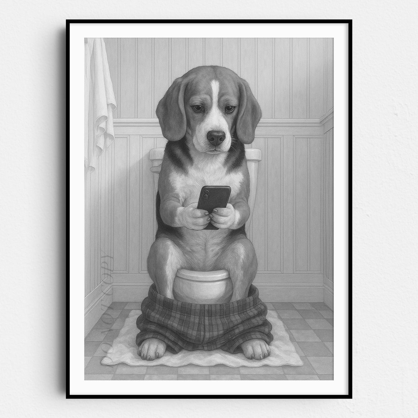 Beagle Dog On The Phone On The Toilet