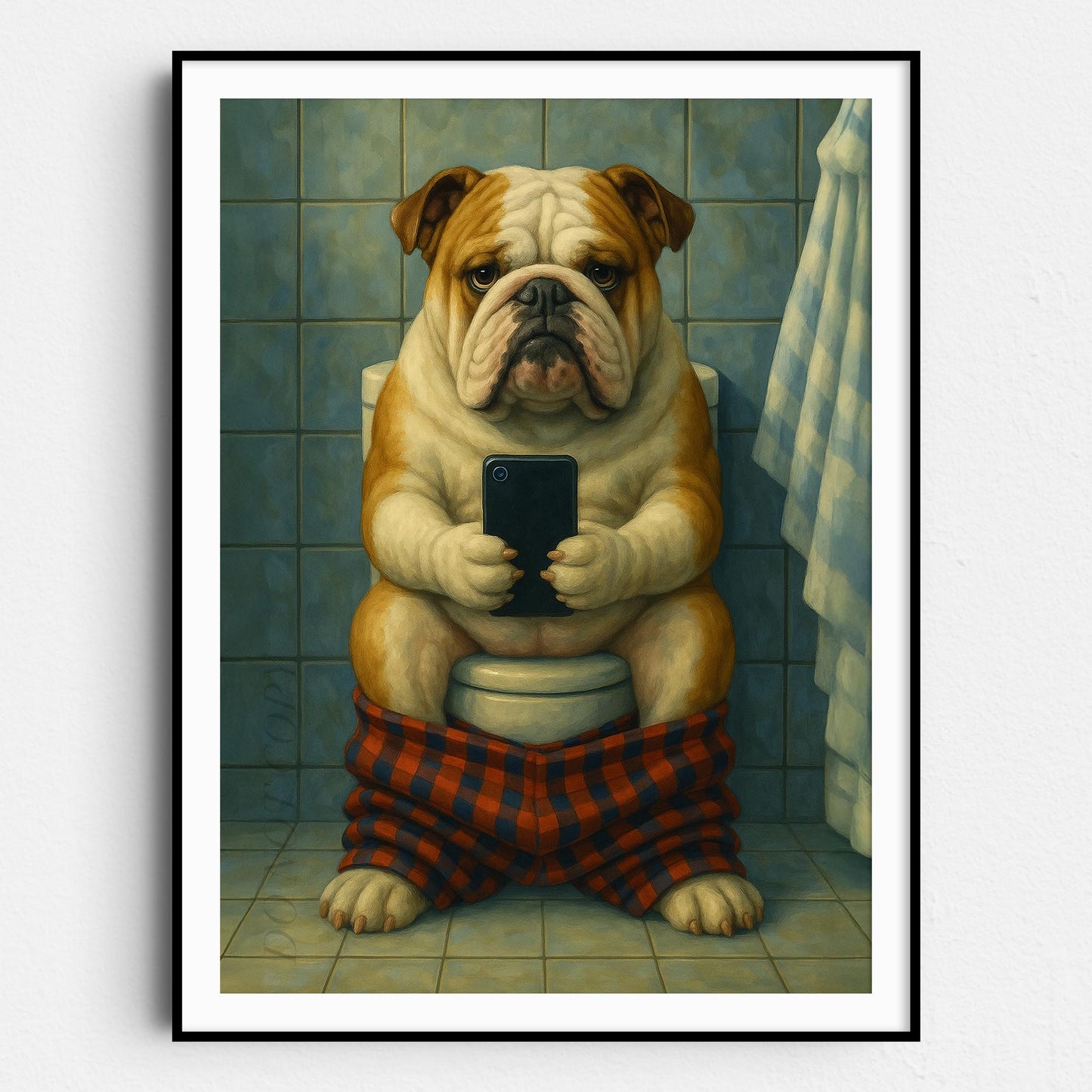 Bulldog On The Phone On The Toilet