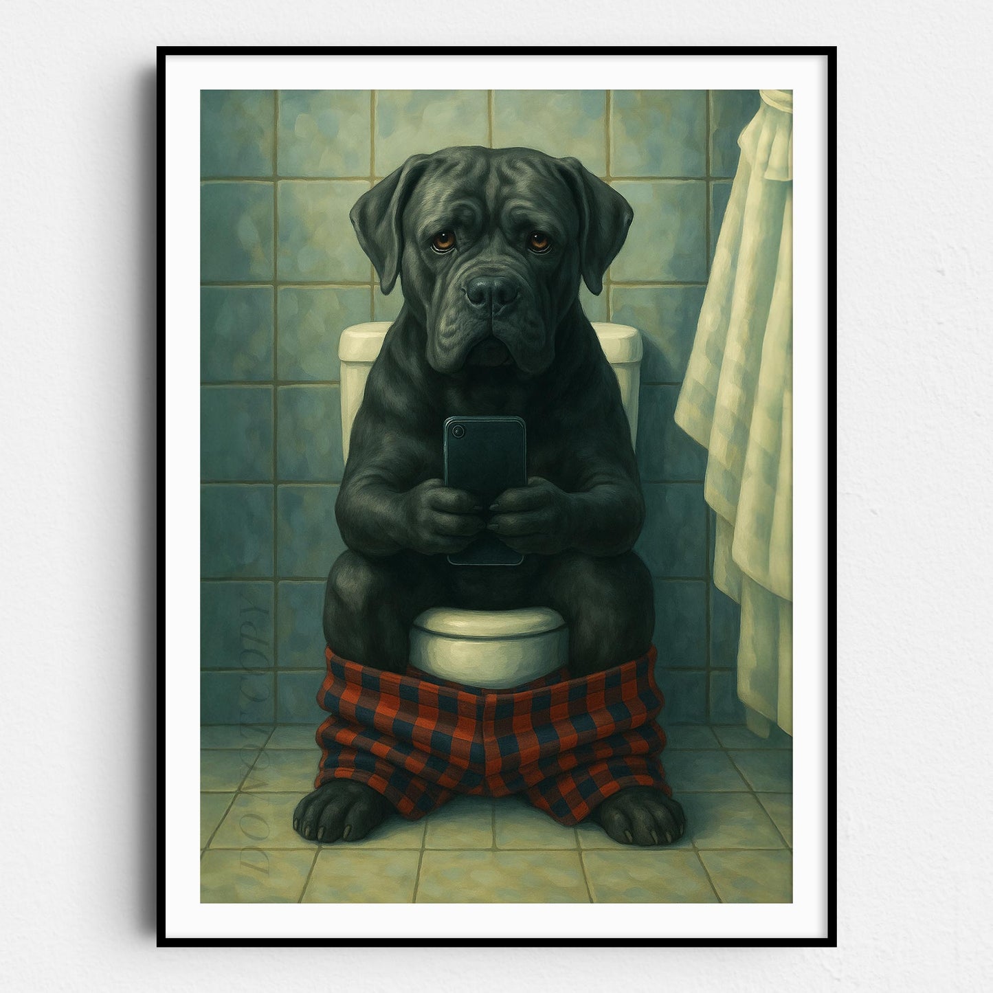 Cane Corso Dog On The Phone On The Toilet