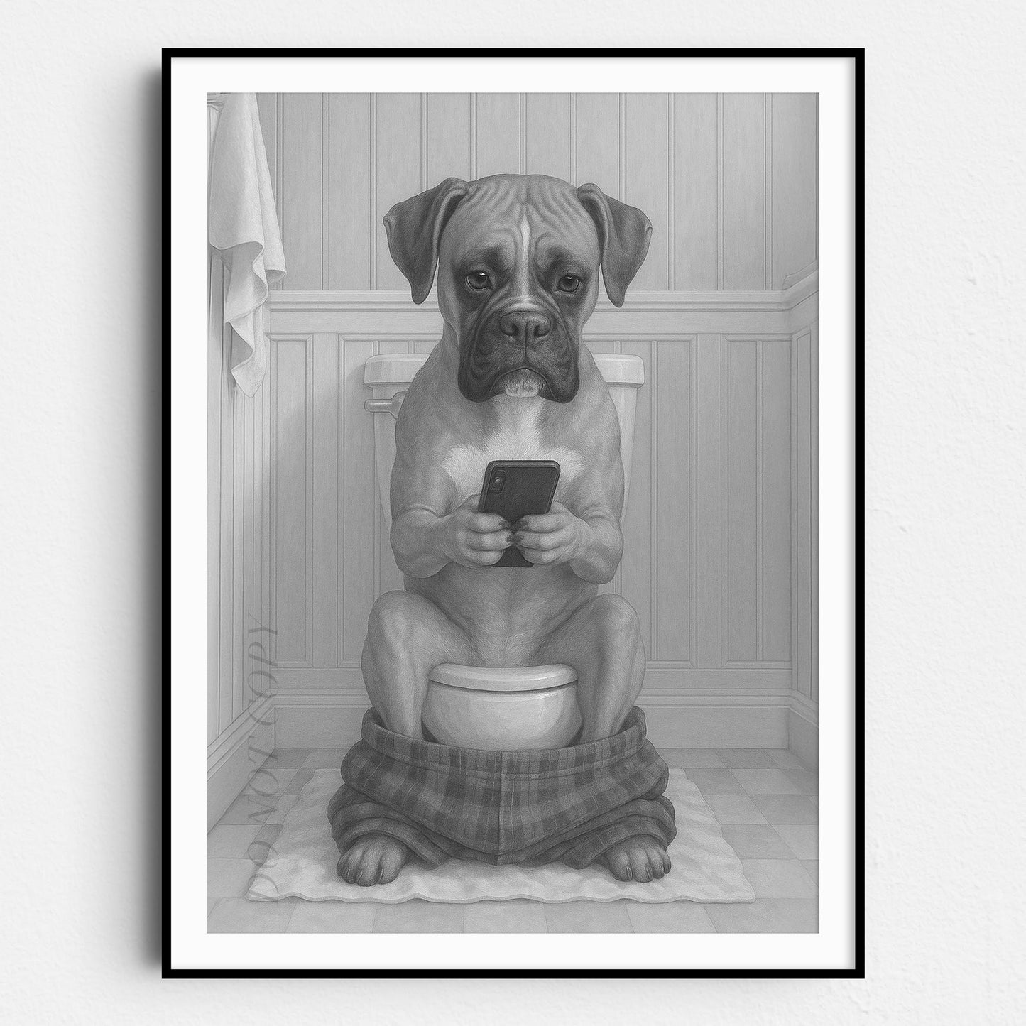 Boxer Dog On The Phone On The Toilet